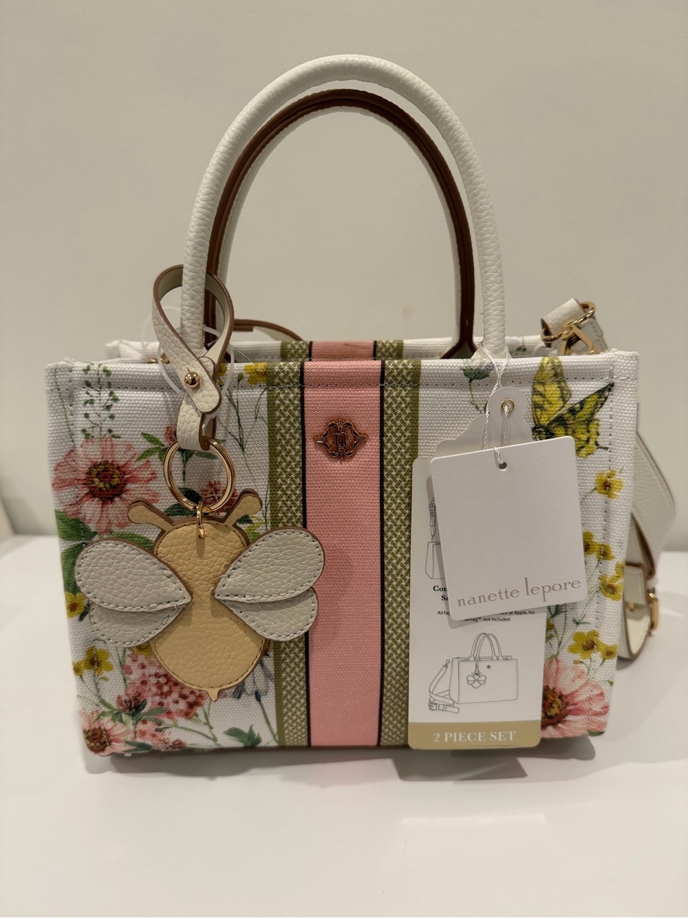 Nanette Lepore White Floral Satchel with Pink & Olive Stripes - Picture 1 of 3